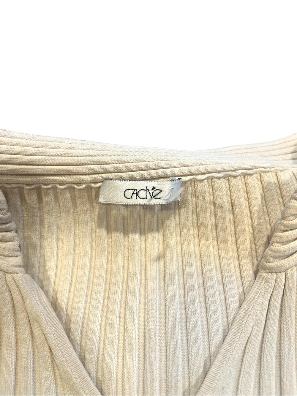 Y2K Cache Ribbed Knit Long Sleeve Top Cream V-Neck Fitted Stretch - Picture 4 of 5